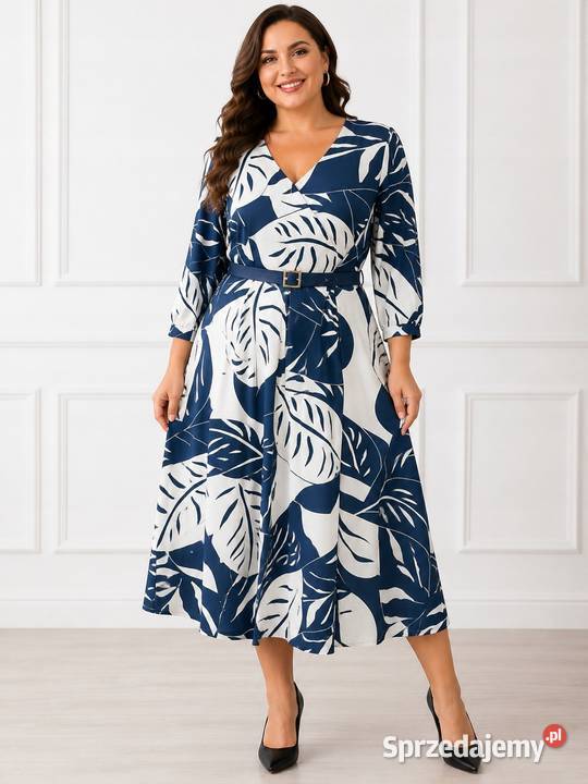 Sukienka plus size granatliście pasek dekolt V Pątnów sprzedam