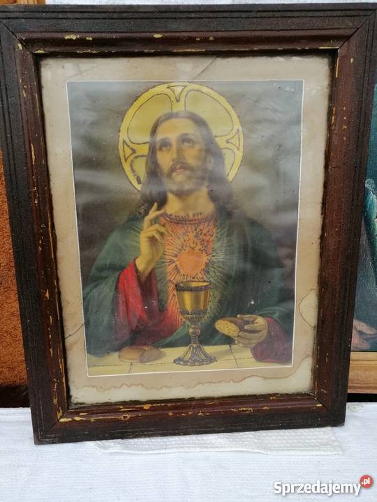 Stary obraz religijny J Ch Piękny antyk Pleszew