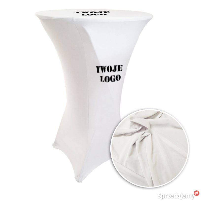 Biały pokrowiec na stolik z 1 logo full kolor Szczecin