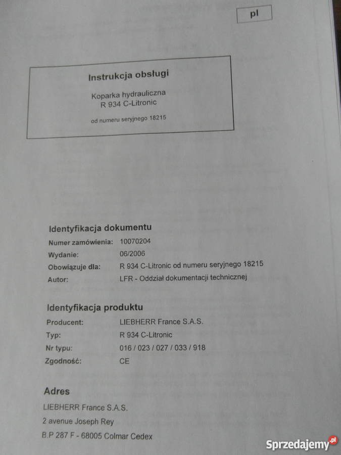 dtr instrukcja obsługi koparka liebherr r934c i Rok wydania 2008 zachodniopomorskie sprzedam