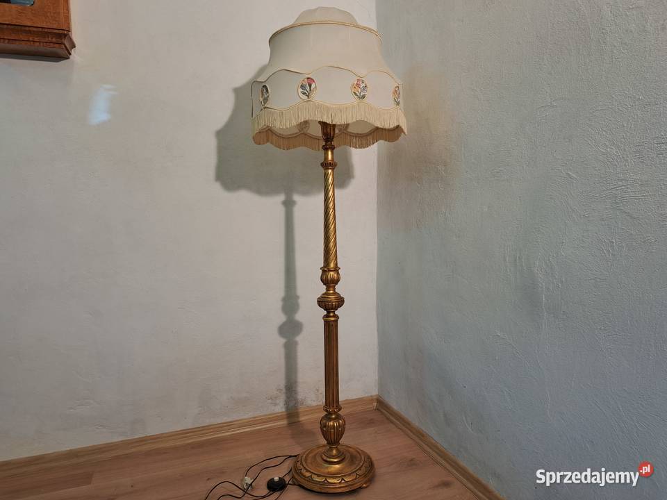 Lampa podłogowa drewniana złota abażur Olkusz