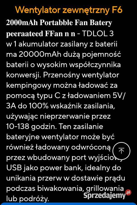 Wentylator kempingowy akumulatorowy Krosno sprzedam
