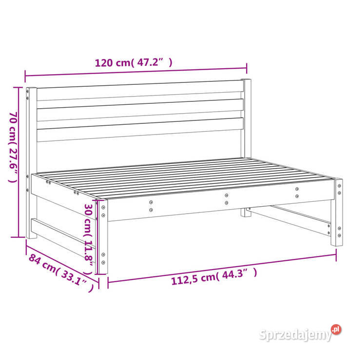 Sofa środkowa do ogrodu biała 120x80 lite drewno