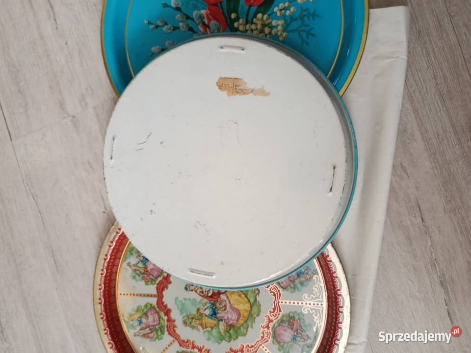 Cztery blaszki tace malowane z PRL zestaw Choszczno