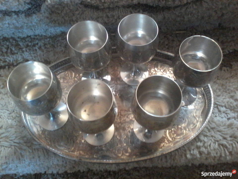 mosiężno posrebrzane kieliszki plus taca Wyposażenie wnętrz Dulcza Wielka sprzedam