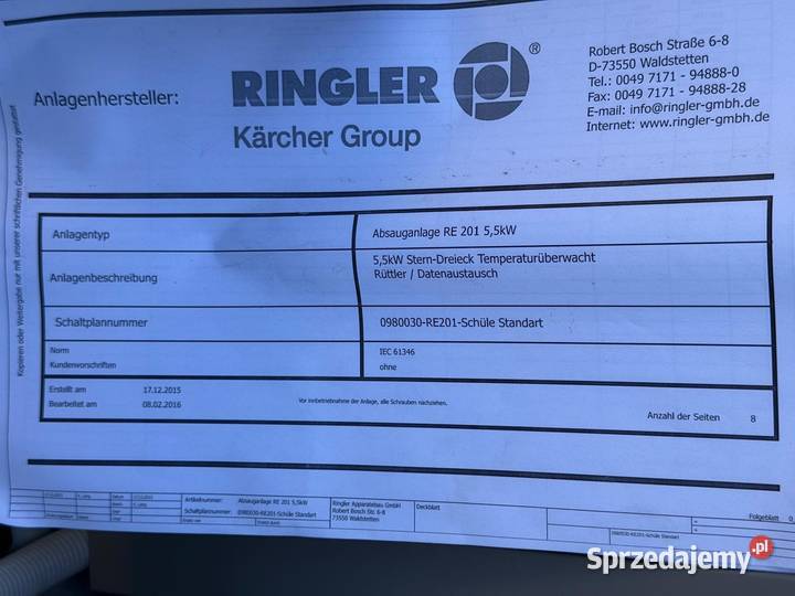 Odciąg pyłu odpylacz wyciąg Ringler Zdziechowice sprzedam