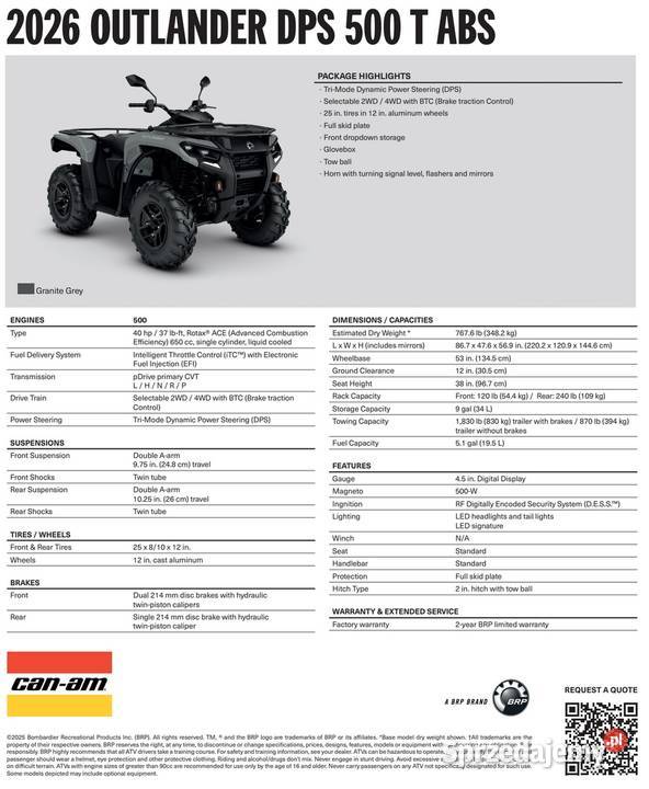 CanAm Outlander DPS T ABS 500 2026 1BTC quad atv Nowy Sącz
