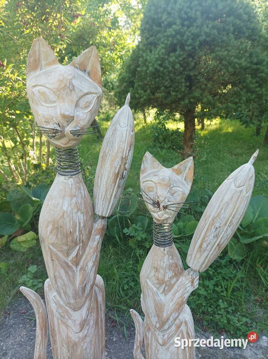 Drewniane koty rzeźba vintage ozdoba dekoracja Sterdyń