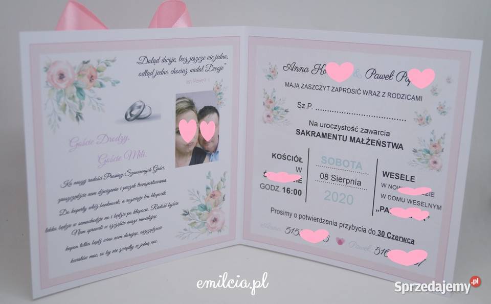 Zaproszenia w kolorze delikatnego Różu Ślub lubuskie Zielona Góra
