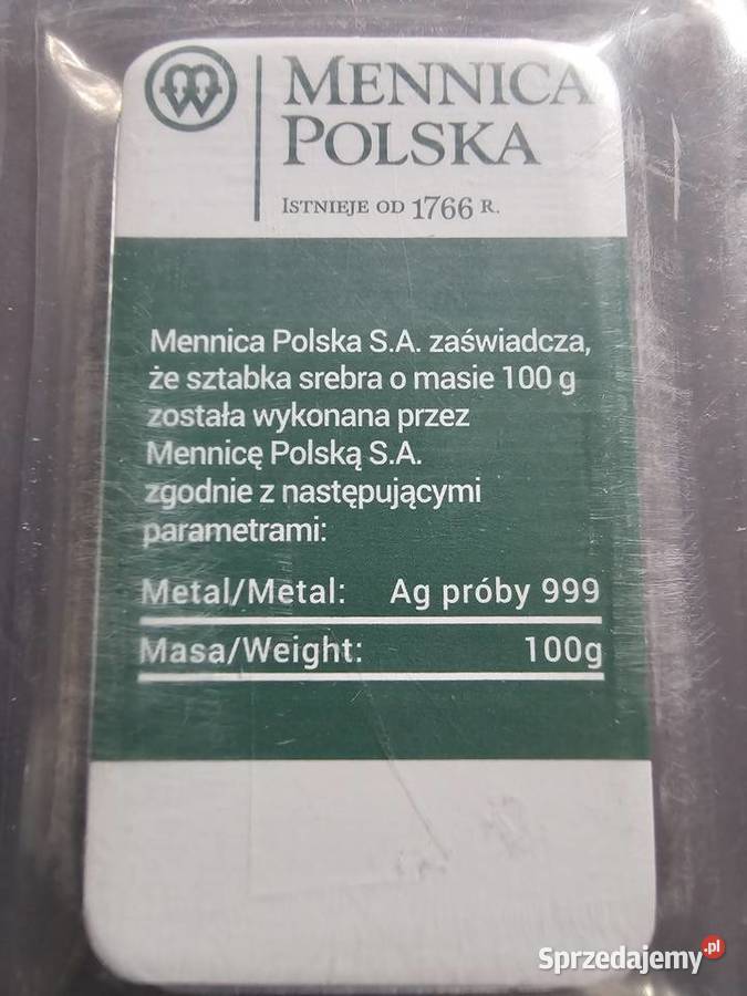 Sztabka srebra 100g Mennica Polska Ag 9999 podkarpackie Prałkowce