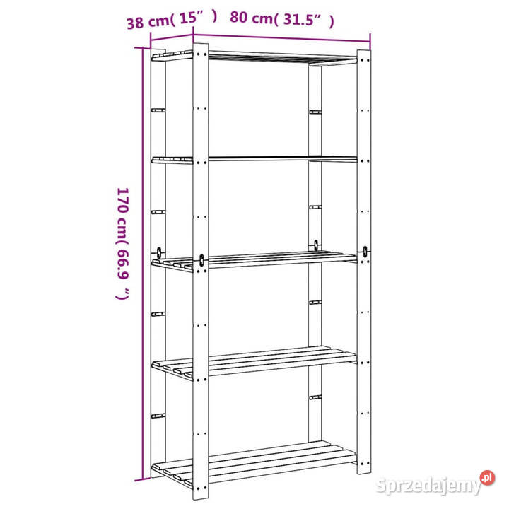 Regał z 5 półkami czarny 80x38x170 lite drewno Warszawa