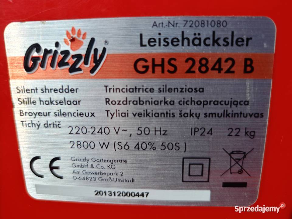 Rozdrabniacz do gałęzi GRIZZLY TURBO 2800 W Drawski Młyn sprzedam