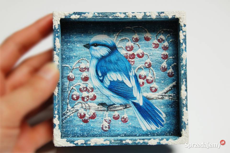 Drewniana tacka malowana ptak sikora lazurowa Lublin