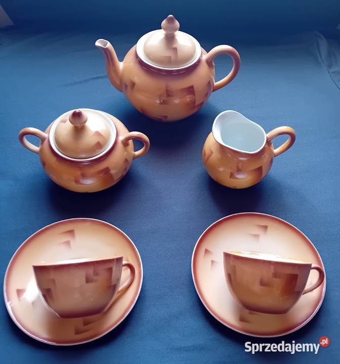 Herbaciany porcelanowy komplecik 2 osób art deco Porcelana i szkło Koźminek