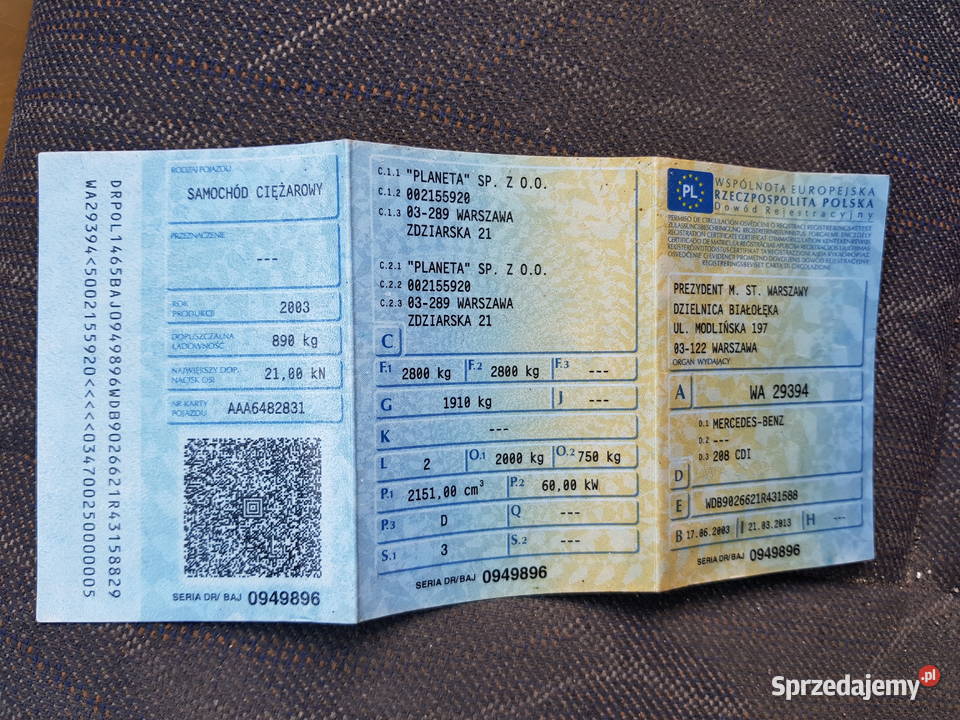Syndyk sprzeda MERCEDES BENZ 208DD 35C WA 29394 2151cm3 Warszawa