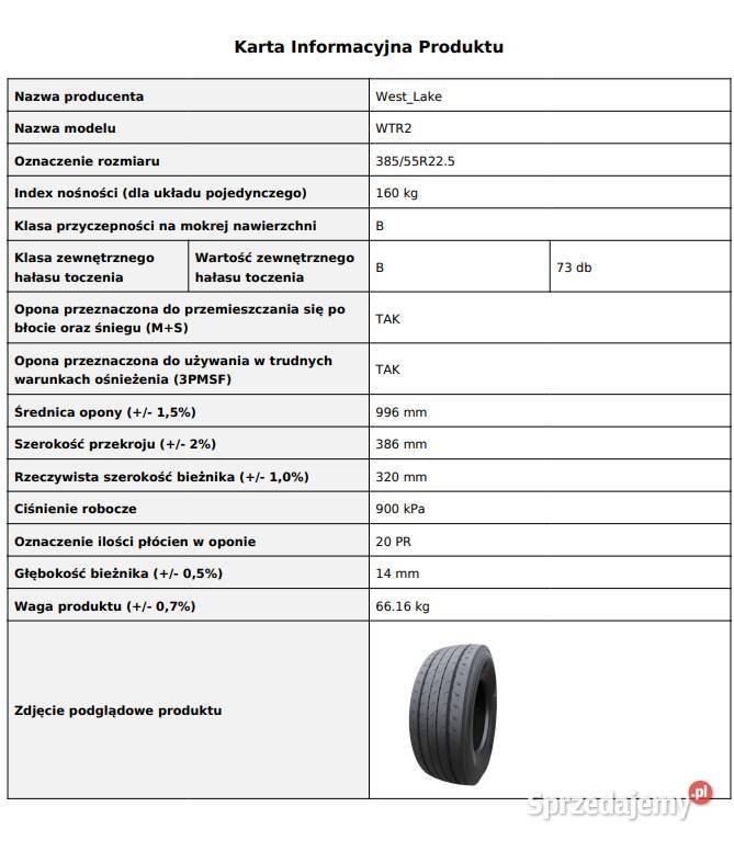 WestLake WTR2 38555 R225 Nowa opona autostradowa Kolbuszowa sprzedam