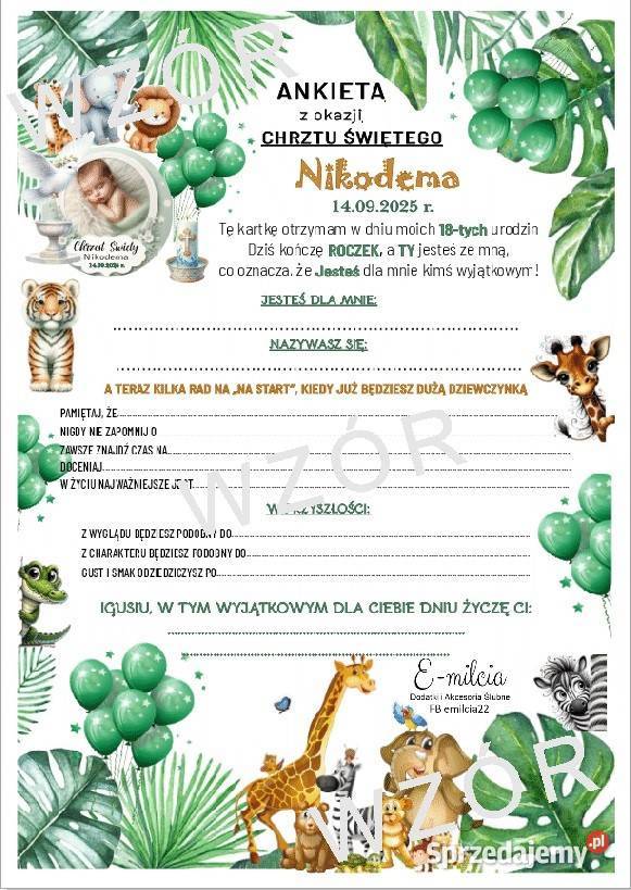 Ankieta na ROCZEK CHRZEST URODZINY Pamiątka lubuskie Zielona Góra