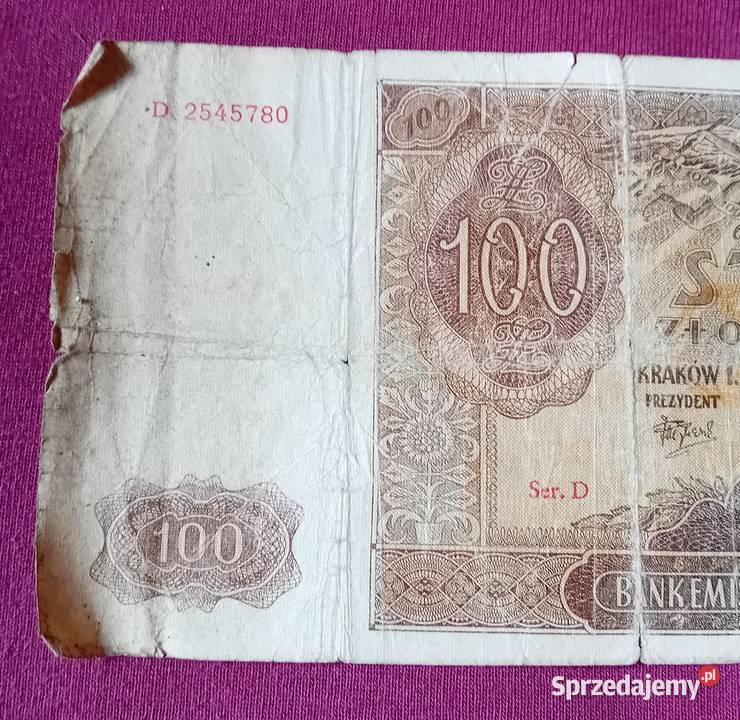 Banknot 100 GG 1941 r seria D Stan zachowania VI Koźminek