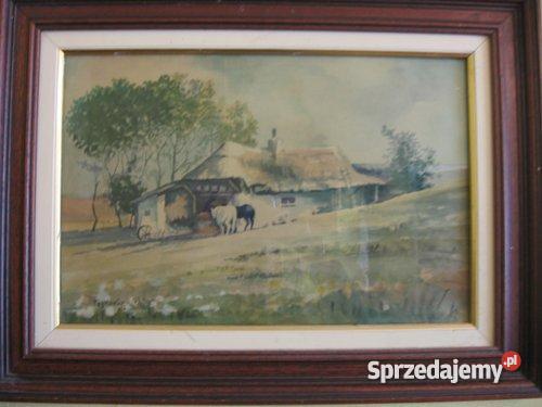 Pejzaz wiejski z konmi Fedkowicz akwarela Łódź