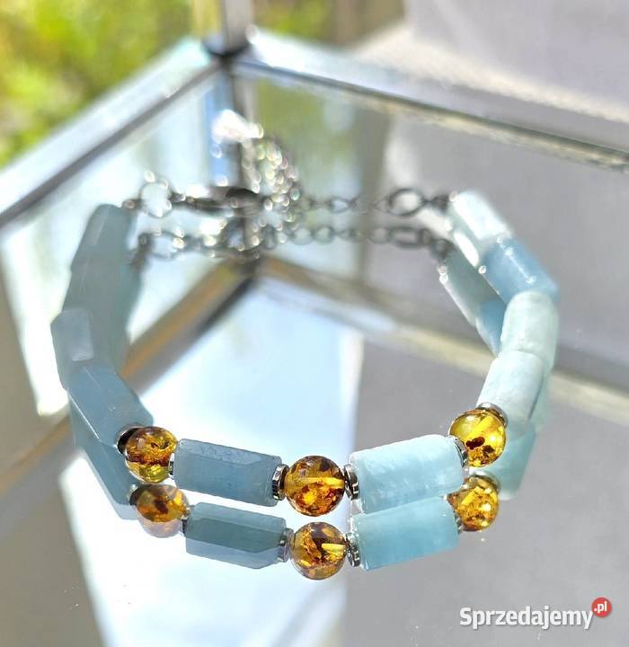 Bransoletka Bursztyn kamień Akwamaryn stal na Łódź