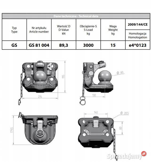 Manualny zaczep kulowy K80 140x80mm GS vOrlandi Zawieszenie Kamionna sprzedam