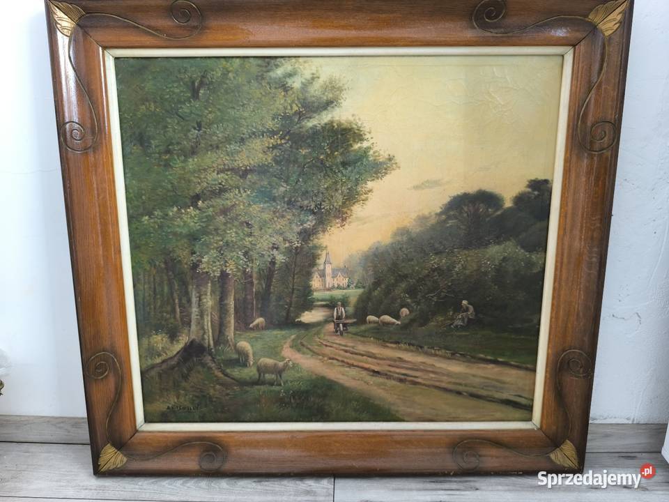 Piękny obraz olejny scena rodzajowa sygnowany Łódź