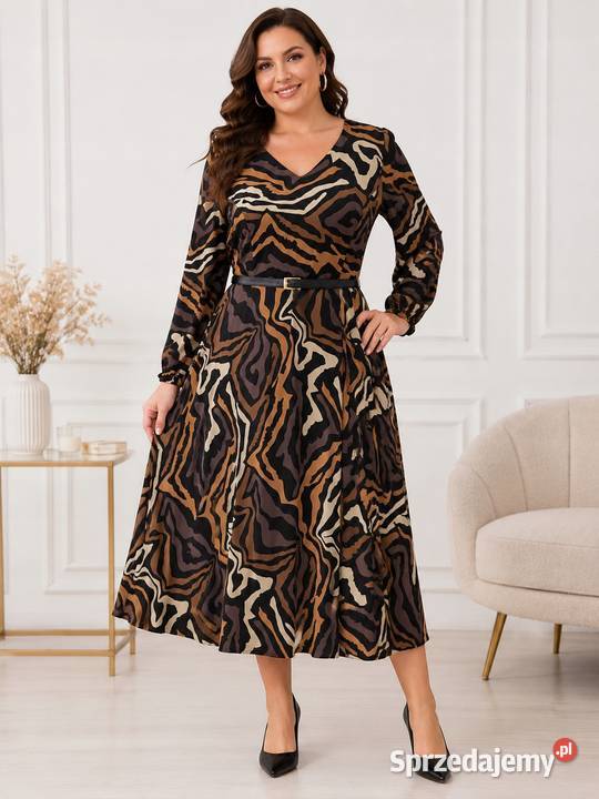 Sukienka plus size brąz pasek dekolt V biust 110 kolorowy