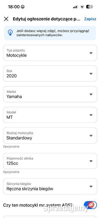 Yamaha Mt125 nieuszkodzony Radom sprzedam