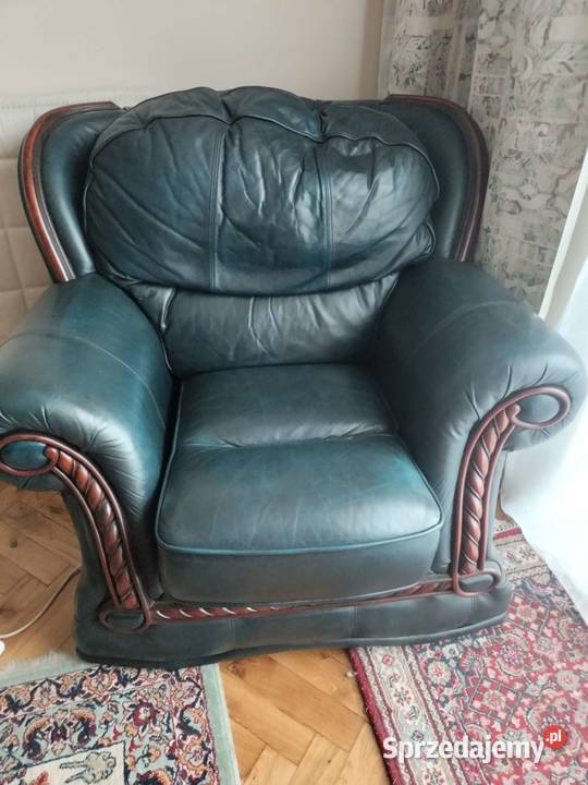 Zestaw wypoczynkowy prawdziwa skóra pełne drewno Dzierżoniów