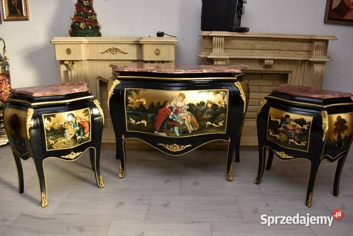 Trzy Królewskie Malowane Komody Blat Marmur 3 x Kraków