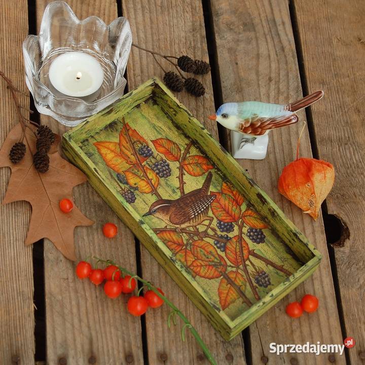 Drewniana tacka malowana ptak strzyżyk jeżyny Lublin