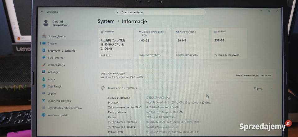 laptop Asus Vivobook X409FA 14 Intel i3 4GB RAM Lublin sprzedam