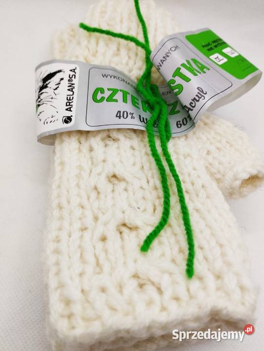 Mitenki rękawiczki bez palców ecru wełna Olsztyn
