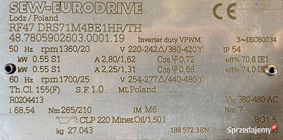 motoreduktor przekładnia 055kW 20obr HAMULEC SEW kujawsko-pomorskie Pigża