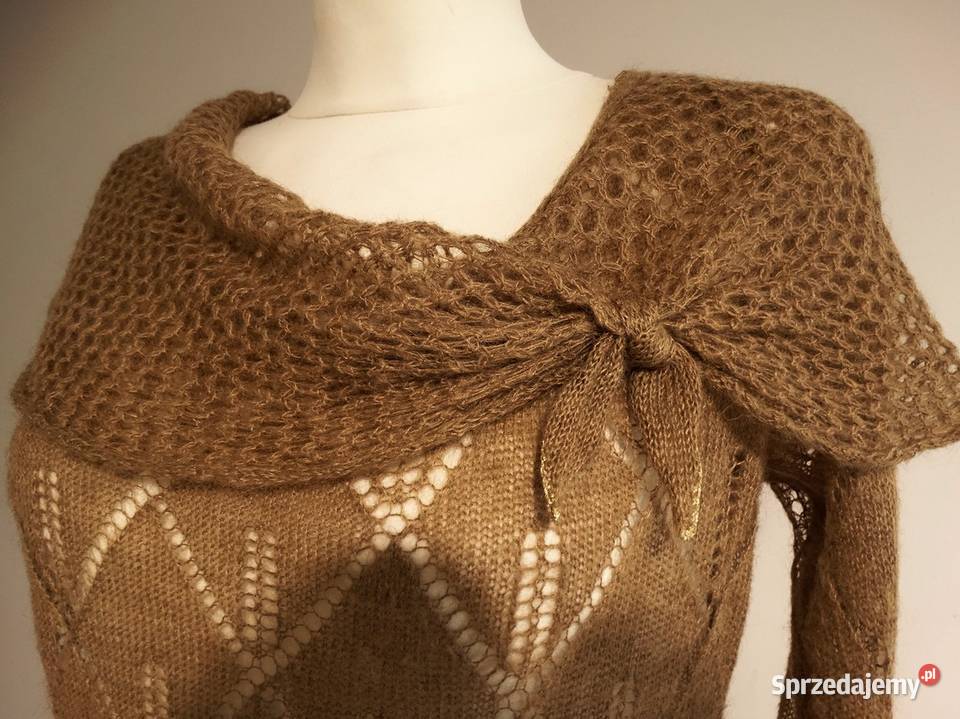 Sweter Moherowy Wełniany Ażurowy Camelowy Swetry i golfy