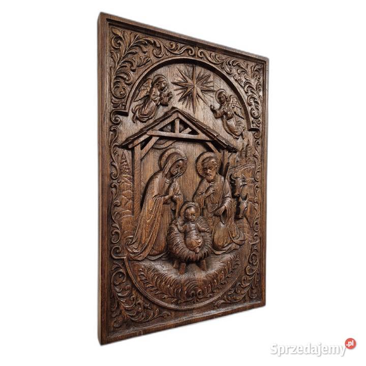Płaskorzeźba w dębie Stajenka Święta rodzina Wyposażenie wnętrz Malechowo