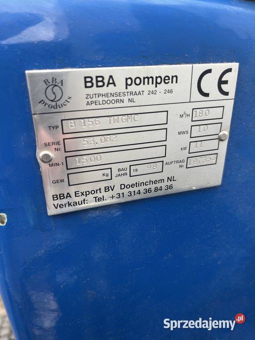 Pompa Wody BBA Holland 180m3h 11kw 88mth Tuliszków