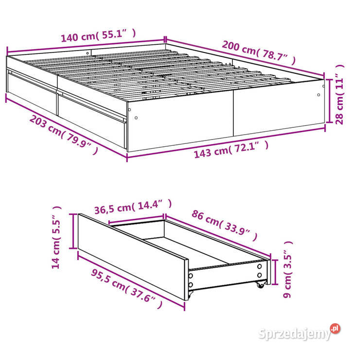 Rama łóżka z szufladami biała 140x200 WM3280657 28cm mazowieckie Warszawa