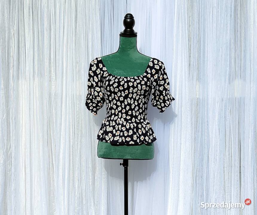 Bluzka hiszpanka top S 36 czarna kwiaty białe BY Bluzki i koszule Szczecin sprzedam