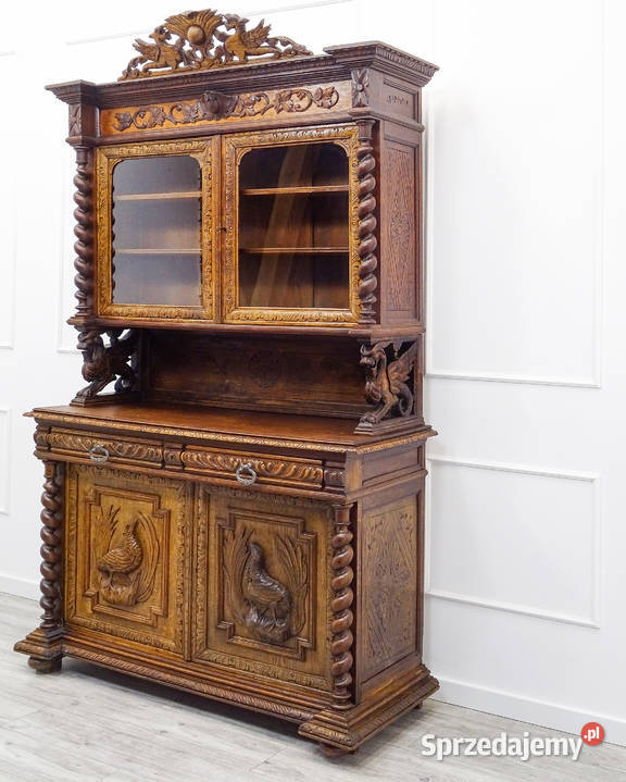 Kredens myśliwski DĘBOWY rzeźbiony bufet do