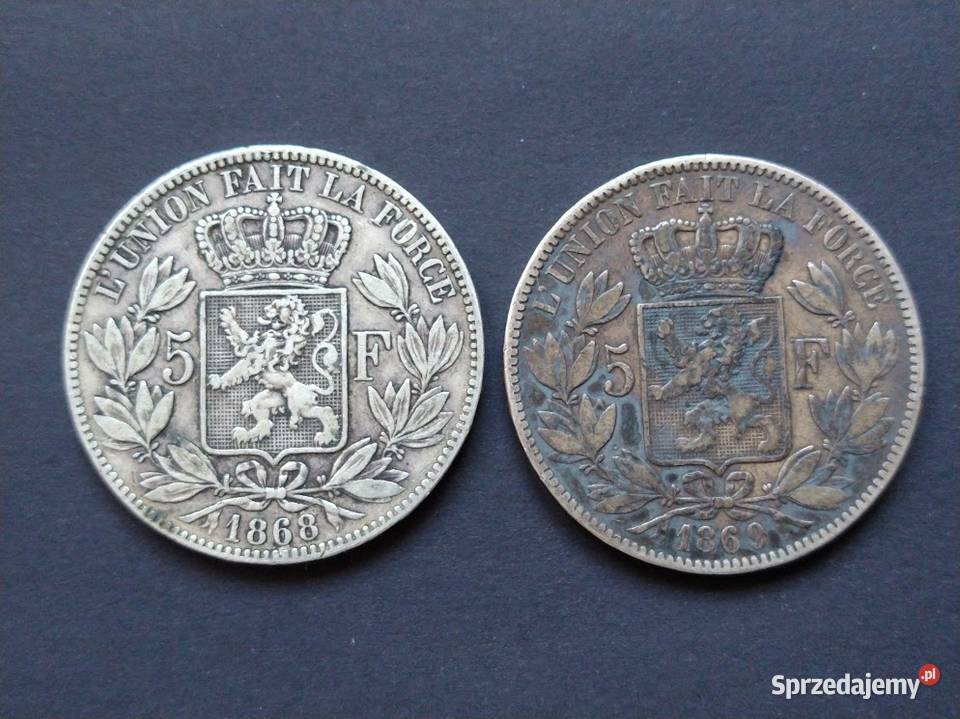 Belgia Dwie srebrne monety o nominale 5 Franków Żukowo sprzedam