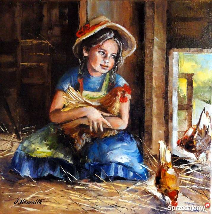 Kurka Obraz olejny 30x30 dziewczynka Warszawa