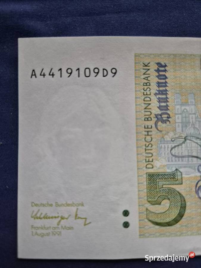 Niemcy RFN 5 marek 1991 banknot Wałbrzych