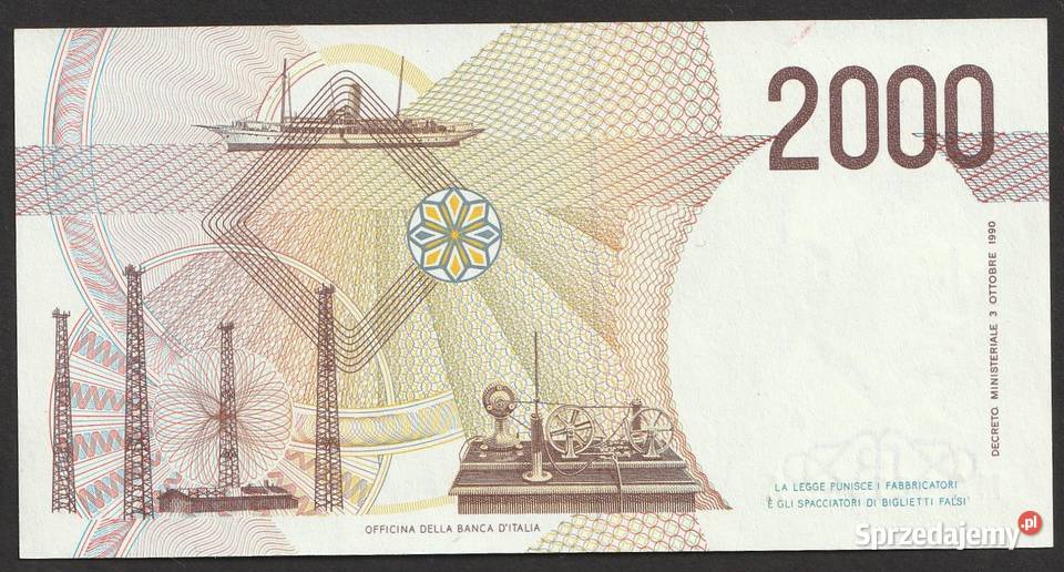 WŁOCHY 2000 LIRÓW 1990 MARCONI STAN BANKOWY UNC Łódź