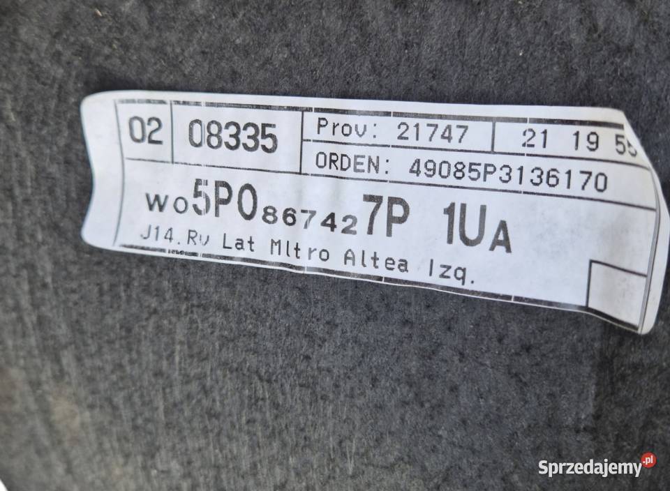 BOCZEK TAPICERKA BAGAŻNIKA TYŁ PRAWY LEWY SEAT osobowe