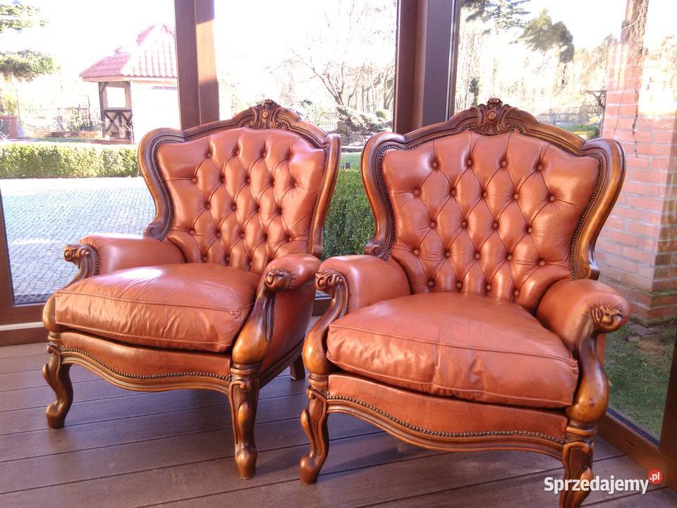 Fotele LudwikBarok Rzeźbione Skóra Antyk Stan Kluki