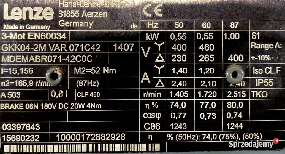 motoreduktor przekładnia 055kW 927obr 3f HAMULEC Pigża