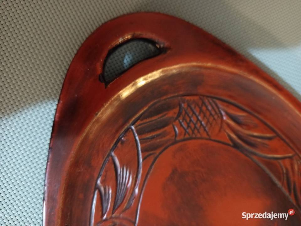 Zabytkowa taca drewniana ręcznie rzeźbiona Warszawa