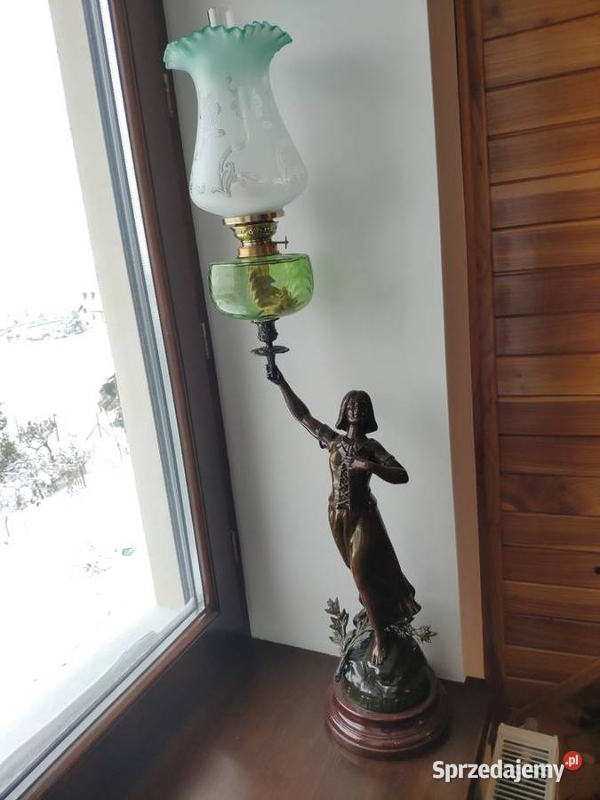 Figuralna sygnowana ogromna emaliowana lampa Antyki Kraków