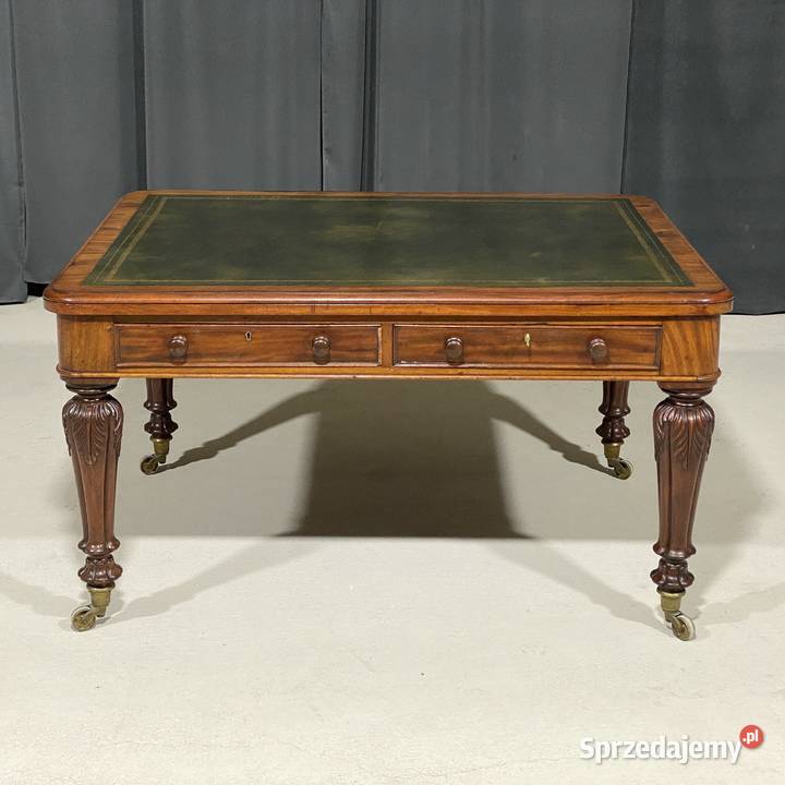 Antyczne biurko stół orzech skóra Anglia XIX w Budno